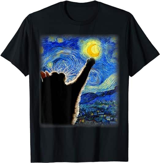 A t-shirt with a cat reaching up to the moon Description automatically generated