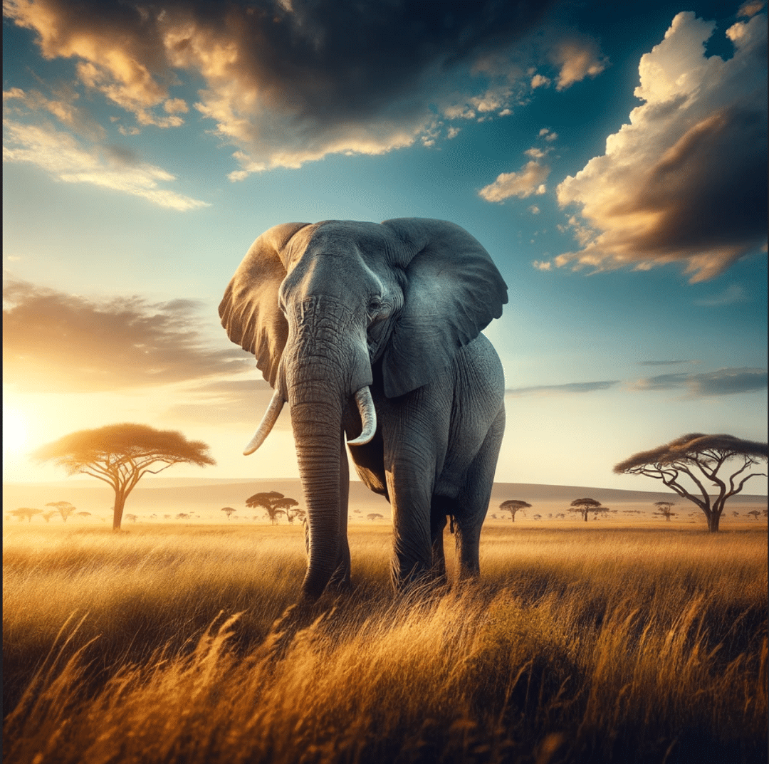 An elephant in a field Description automatically generated