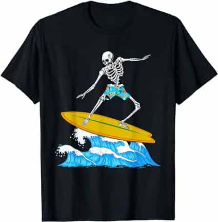 A black shirt with a skeleton on a surfboard Description automatically generated