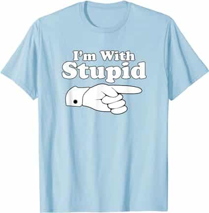 A light blue t-shirt with a pointing finger Description automatically generated