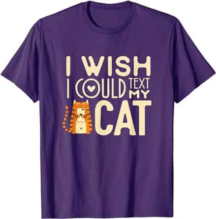 A purple t-shirt with a cat and text Description automatically generated