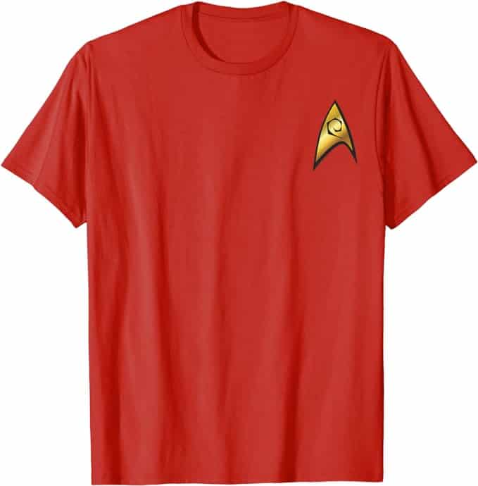 A red t-shirt with a gold logo Description automatically generated