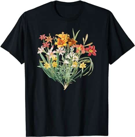 A black t-shirt with a floral design Description automatically generated