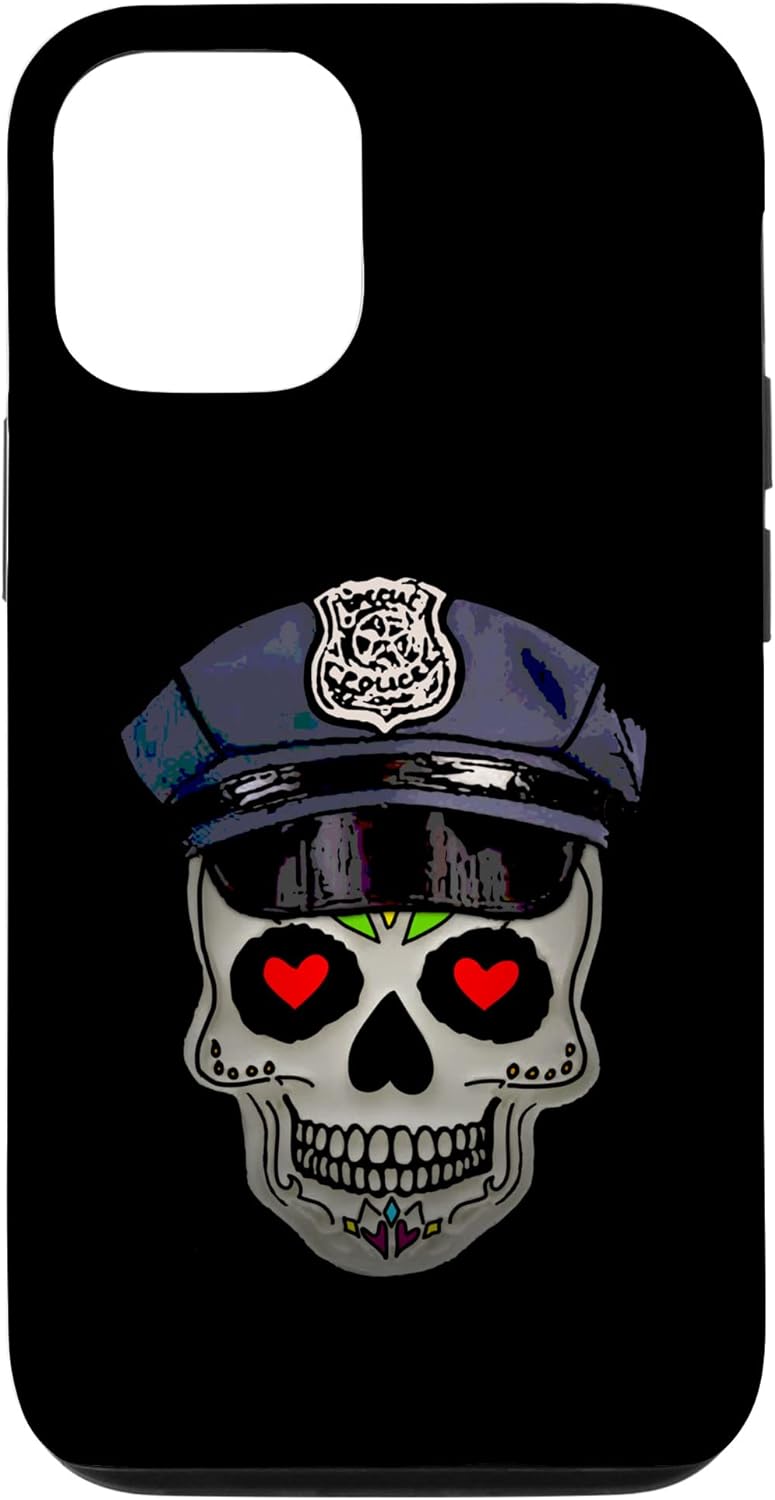 A phone case with a skull in a police hat Description automatically generated