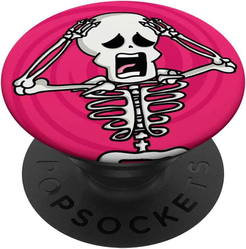 A pink and black popsocket with a skeleton on it Description automatically generated