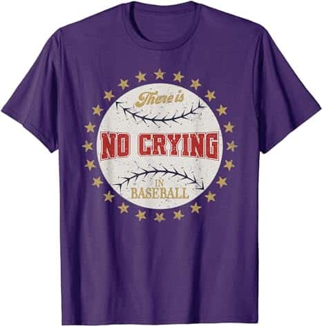 A purple t-shirt with a white circle with yellow stars and a white text on it Description automatically generated