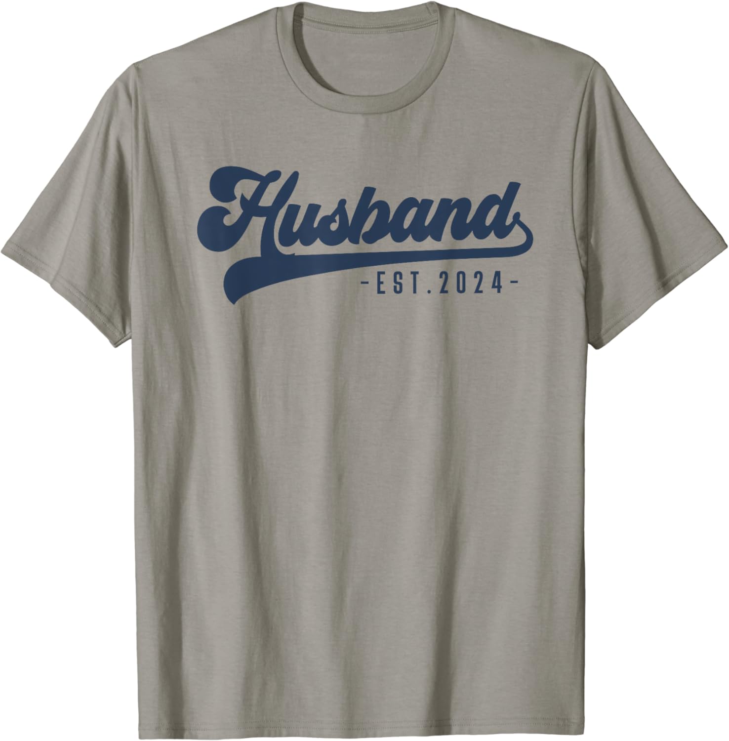 A grey t-shirt with blue text Description automatically generated