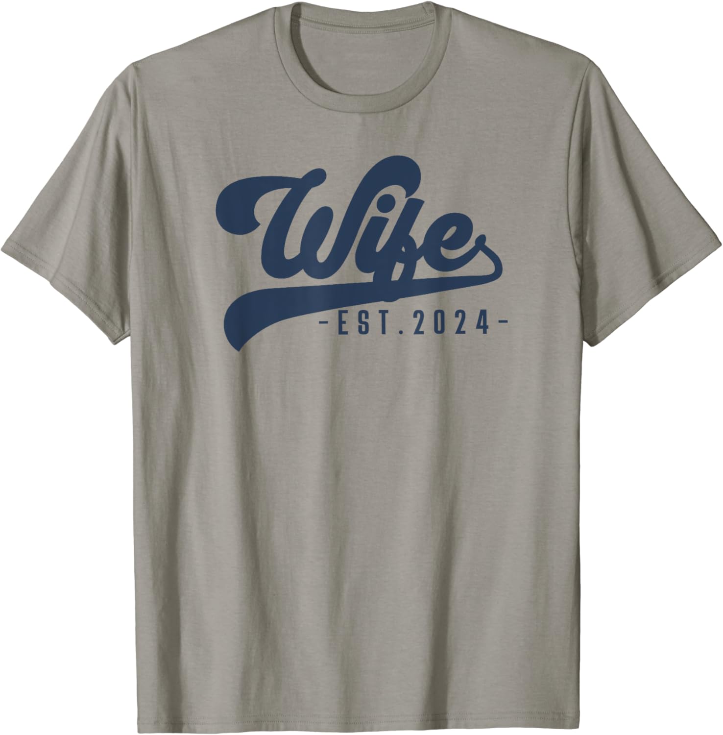 A grey t-shirt with blue text Description automatically generated