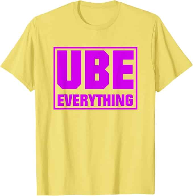 A yellow t-shirt with purple text Description automatically generated