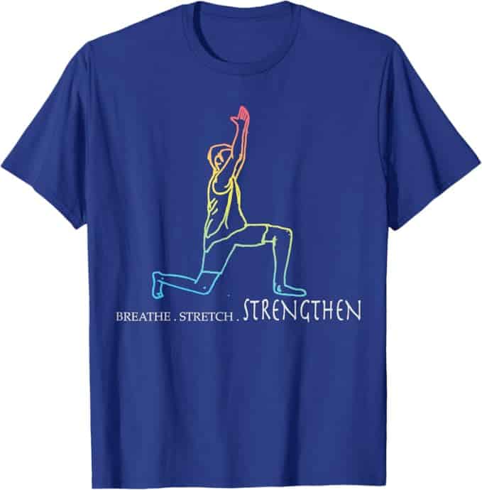 A blue t-shirt with a person in a yoga pose Description automatically generated