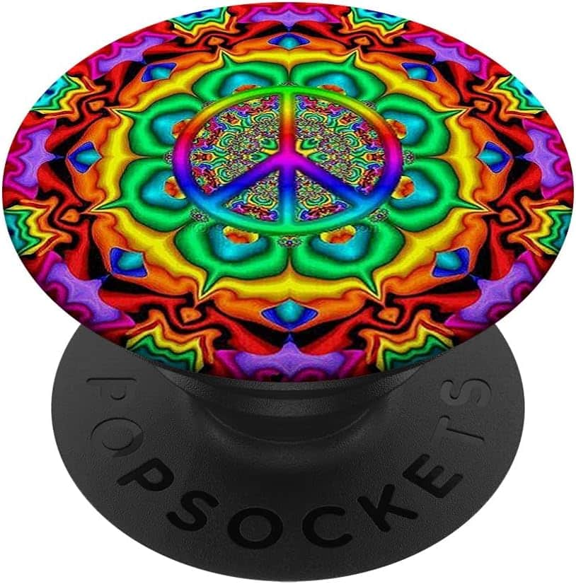 A colorful peace sign on a black stand Description automatically generated