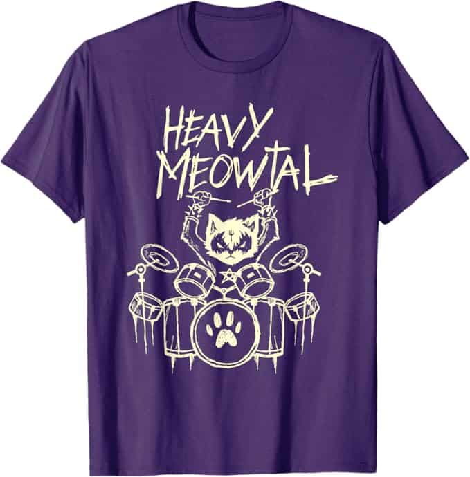 A purple t-shirt with a cat and drums Description automatically generated