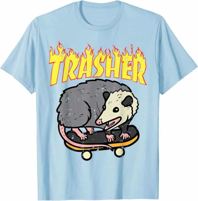 A t-shirt with a cartoon of a rat on a skateboard Description automatically generated