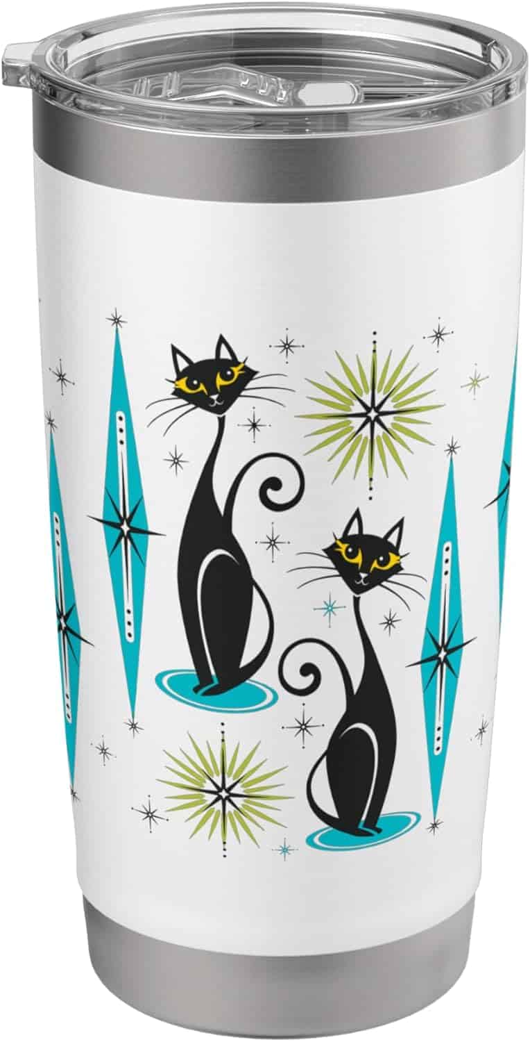 A white cup with black cats on it Description automatically generated