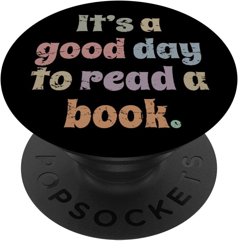 A black pop socket with colorful text Description automatically generated