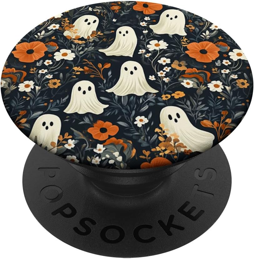 A black pop socket with white ghosts and orange flowers Description automatically generated