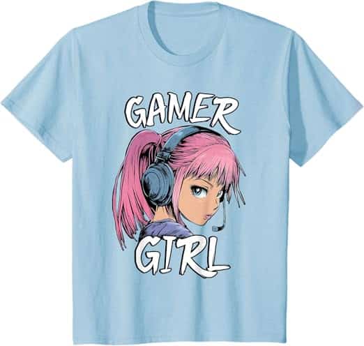 A blue t-shirt with a cartoon of a child wearing headphones Description automatically generated