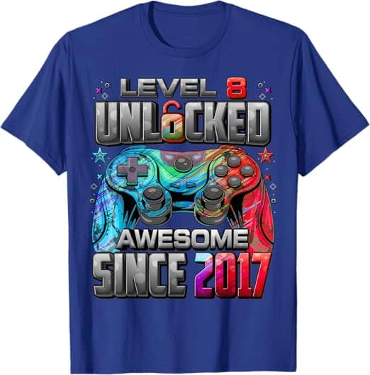 A blue t-shirt with a video game controller Description automatically generated