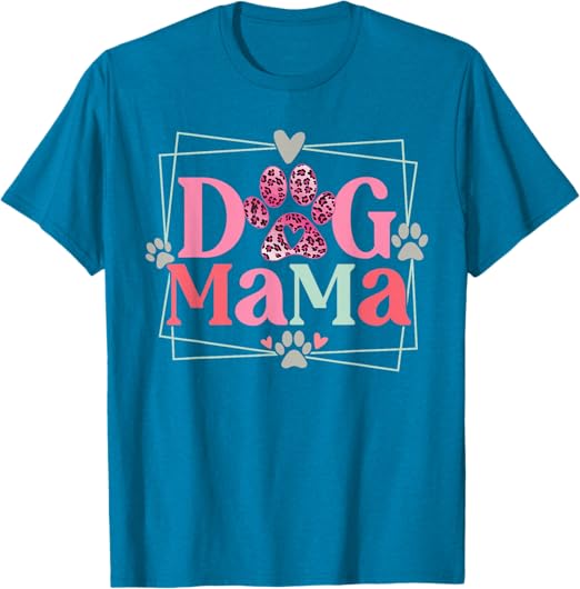 A blue t-shirt with pink paw print Description automatically generated