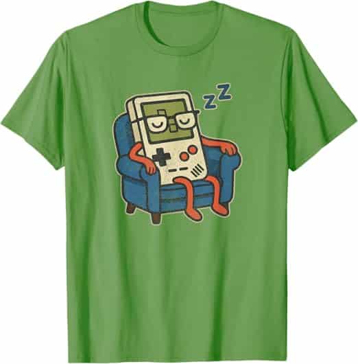 A green shirt with a cartoon character on it Description automatically generated