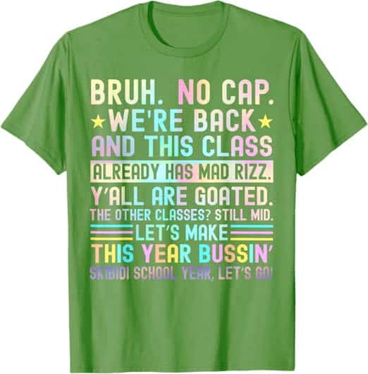 A green shirt with multicolored text Description automatically generated