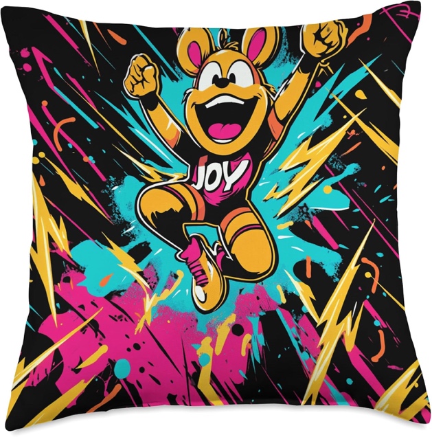 A pillow with a cartoon character jumping in the air Description automatically generated