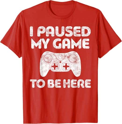 A red shirt with white text Description automatically generated