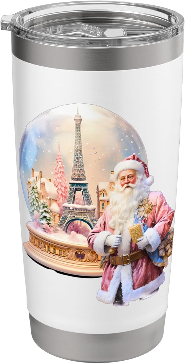 A white cup with a santa claus on it Description automatically generated