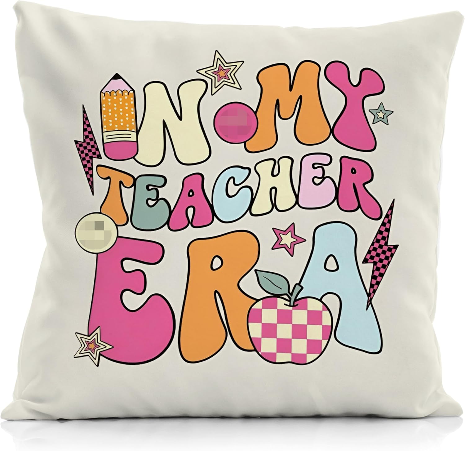 A white pillow with colorful text Description automatically generated