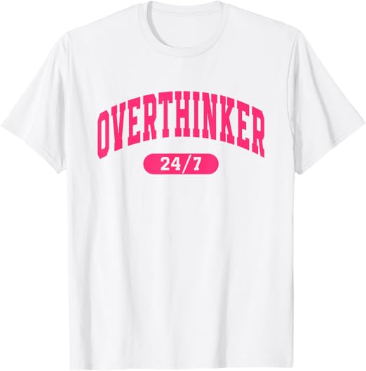A white t-shirt with pink text Description automatically generated