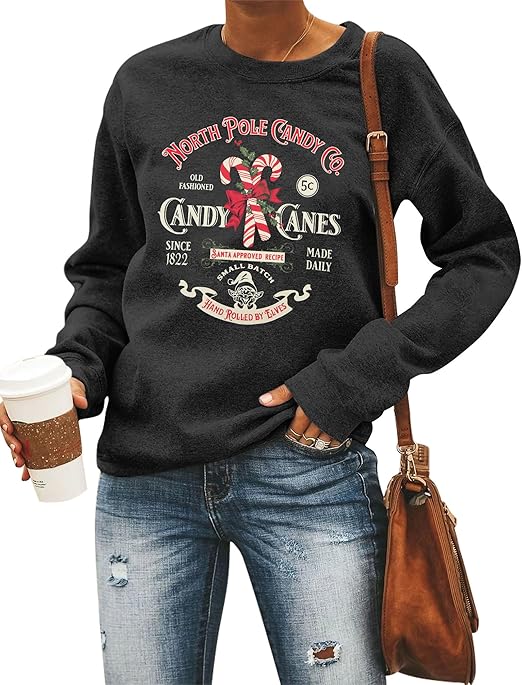 FASHGL Christmas Sweatshirts Women Candy Canes Graphic Sweatshirt Vintage Xmas Long Sleeve Shirt Pullover Tops