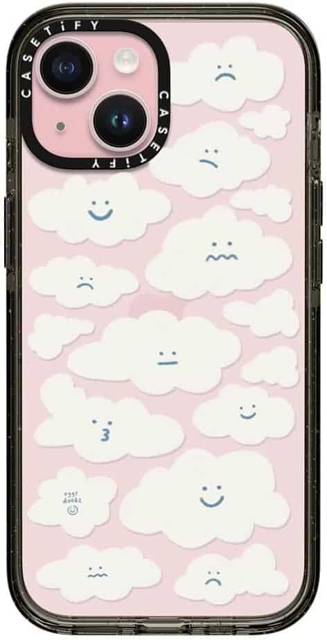 A cell phone with a pink background with white clouds Description automatically generated