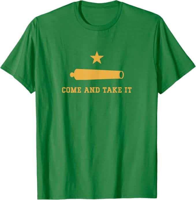 A green shirt with yellow text Description automatically generated