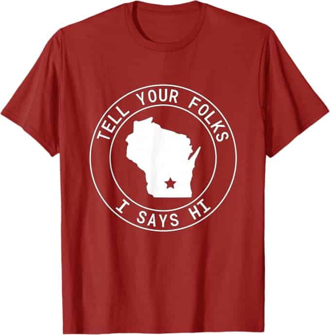 A red shirt with white text Description automatically generated