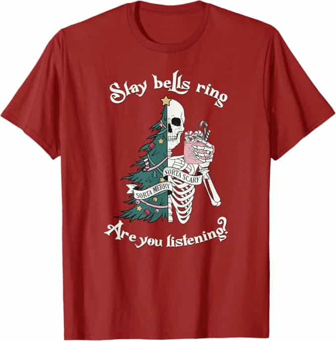 A red t-shirt with a skeleton and christmas tree Description automatically generated