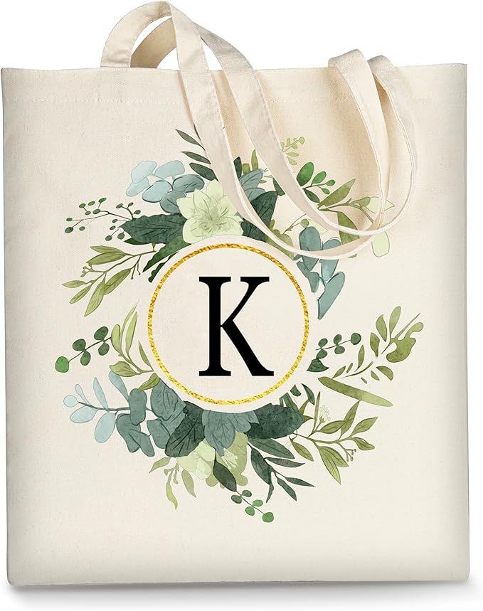 AUSVKAI Canvas Tote Bag for Women, Cute Aesthetic Leaf Initial Trendy Cotton Reusable Personalized Birthday Bags