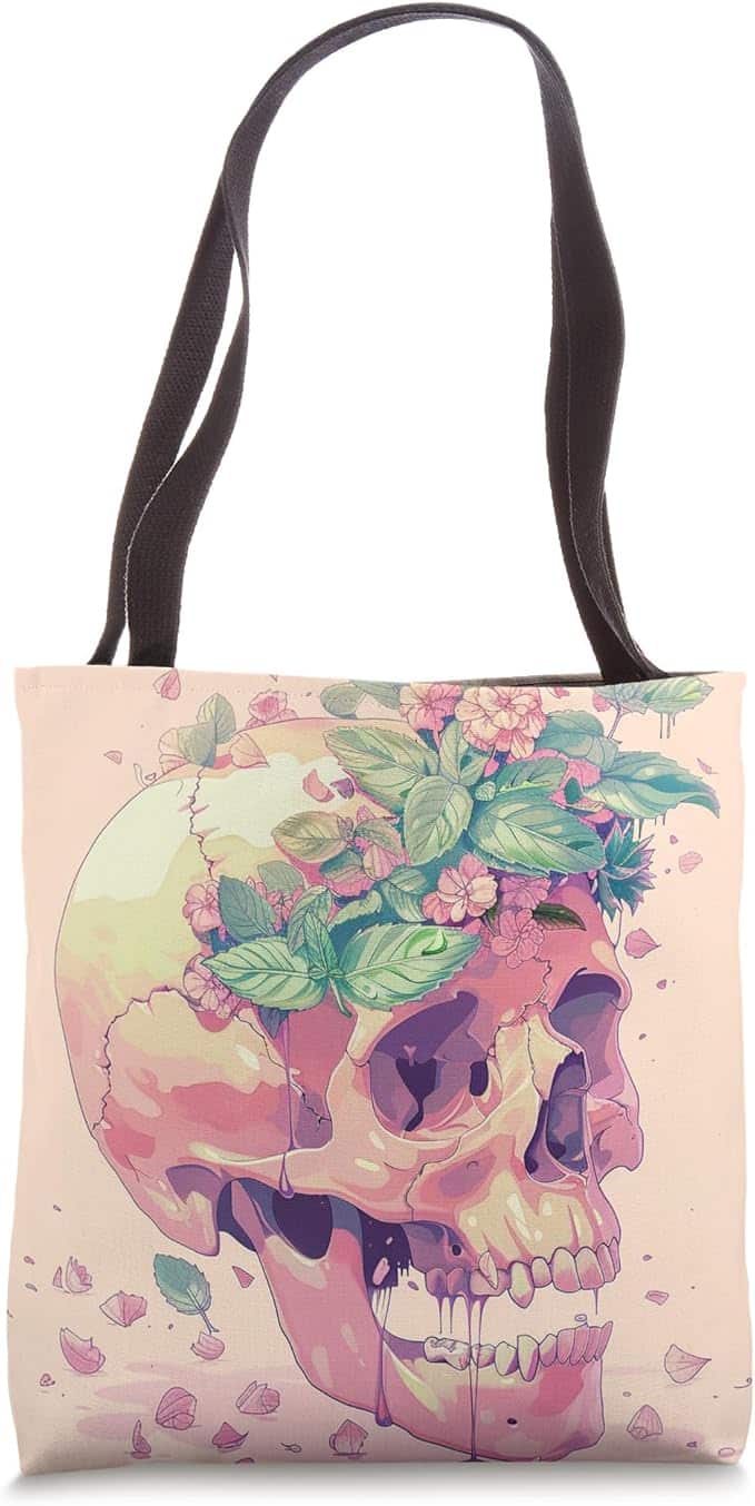 Peppermint Leaves Goth Skull Tote Bag
