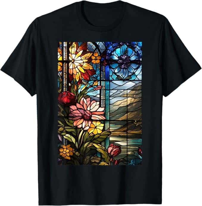 Stained-Glass Style Floral Art Surreal Gardening Design T-Shirt