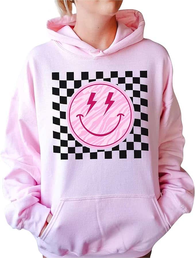 TEEAMORE Smile Face Sweatshirt Checkered Lightning Bolt Vintage Positive Women Crewneck