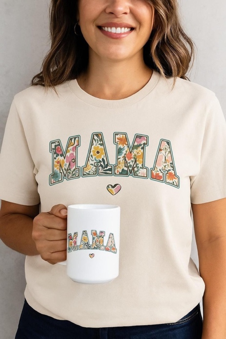 A woman in a beige t-shirt with the word 'MAMA' printed in blue with floral patterns inside the letters holding a white mug with the same floral pattern design and the word 'MAMA' printed on it.