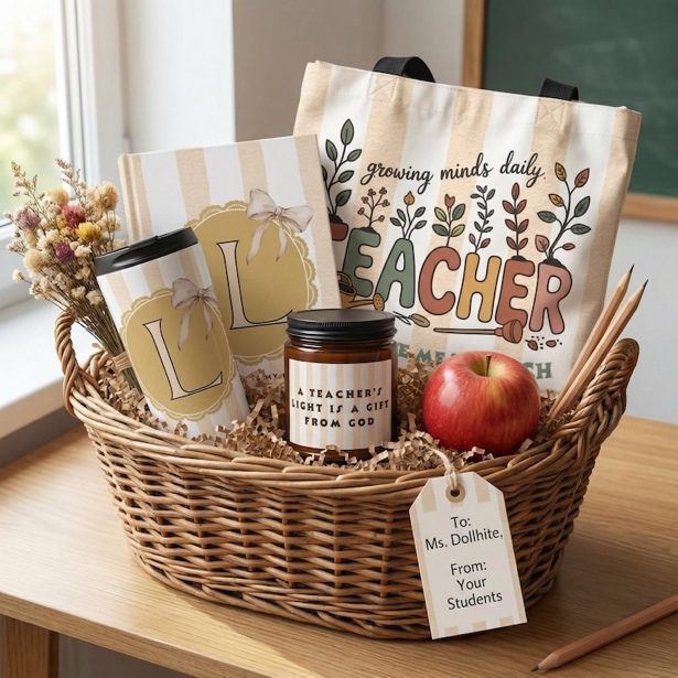 May include: A teacher appreciation gift basket filled with a tote bag, a book, a tumbler, a candle, and an apple. The tote bag says "growing minds daily TEACHER". The candle reads "A teacher's light is a gift from God".