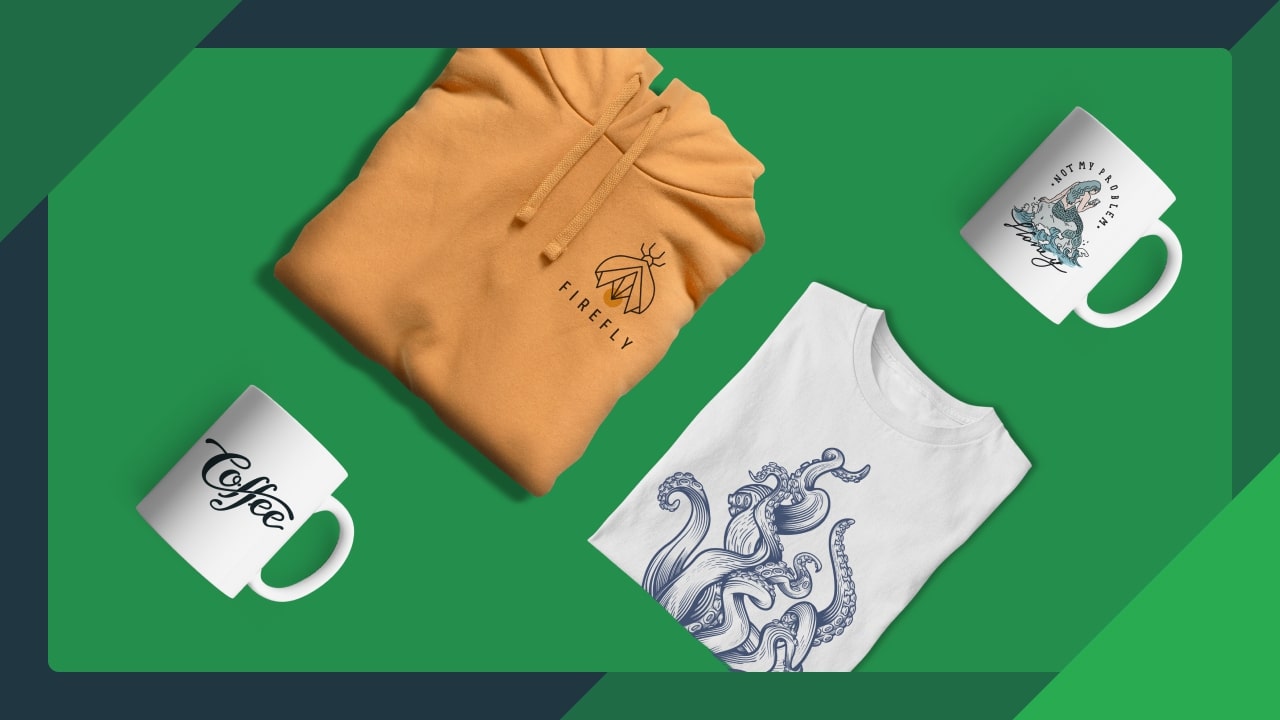 A group of t-shirts and mugs Description automatically generated
