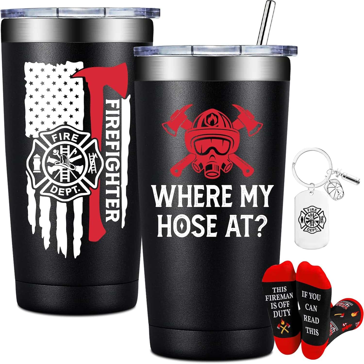 A pair of black tumblers with red and white text Description automatically generated