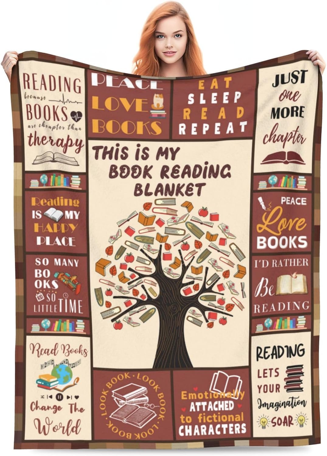 A person holding a blanket with a tree of books Description automatically generated