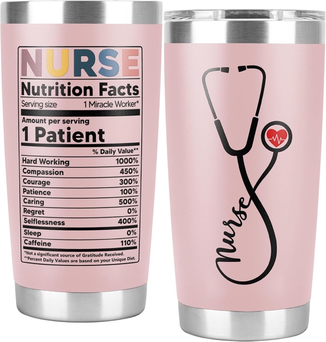 A pink and silver stainless steel tumbler with a stethoscope symbol Description automatically generated