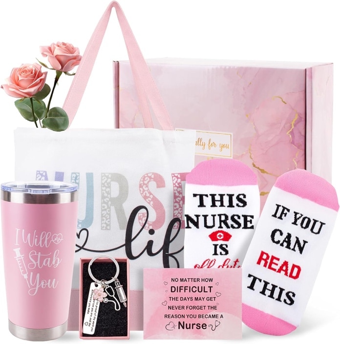 A pink bag with a pink bag and a pink flower and a pink mug with a pink flower and a pink bag with a pink bag and a pink flower and a pink bag with a pink bag Description automatically generated