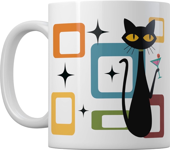 A white coffee mug with a black cat and colorful squares Description automatically generated