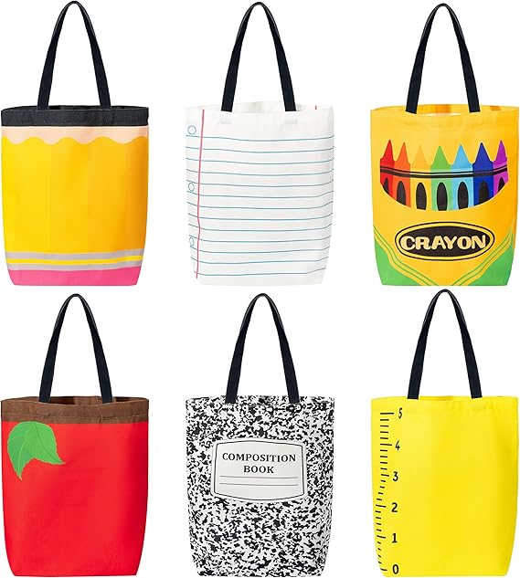 laffact Teacher Appreciation Gift Bags - 6Pcs Pencil Notebook Composition Book Crayons Canvas Tote Bags Bulk, Reusable Grocery Folding Shopping Handbag, Thank You Gifts for Teacher Appreciation Week
