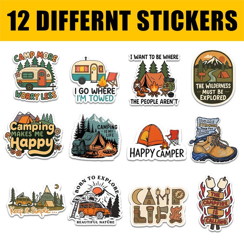 a collection of 12 different stickers, each featuring various camping-related designs and phrases.