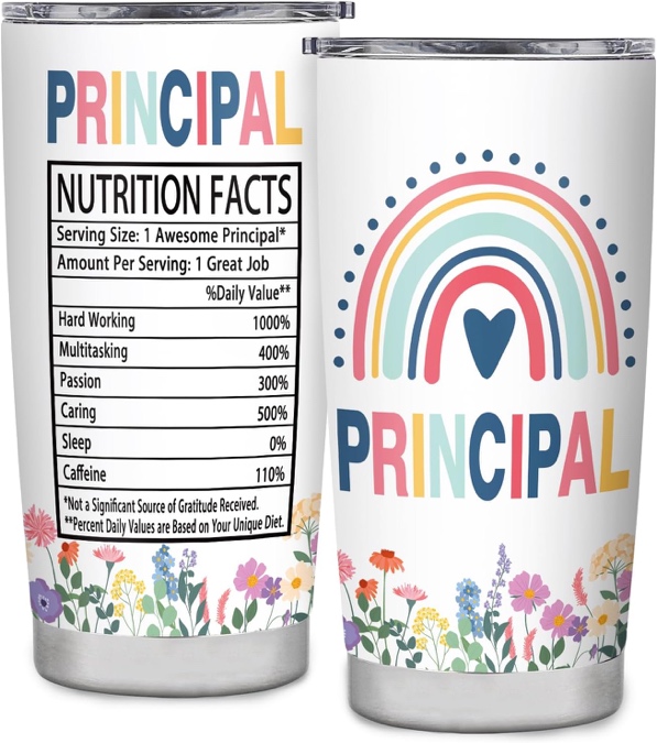 A white stainless steel tumbler with a rainbow and flowers Description automatically generated